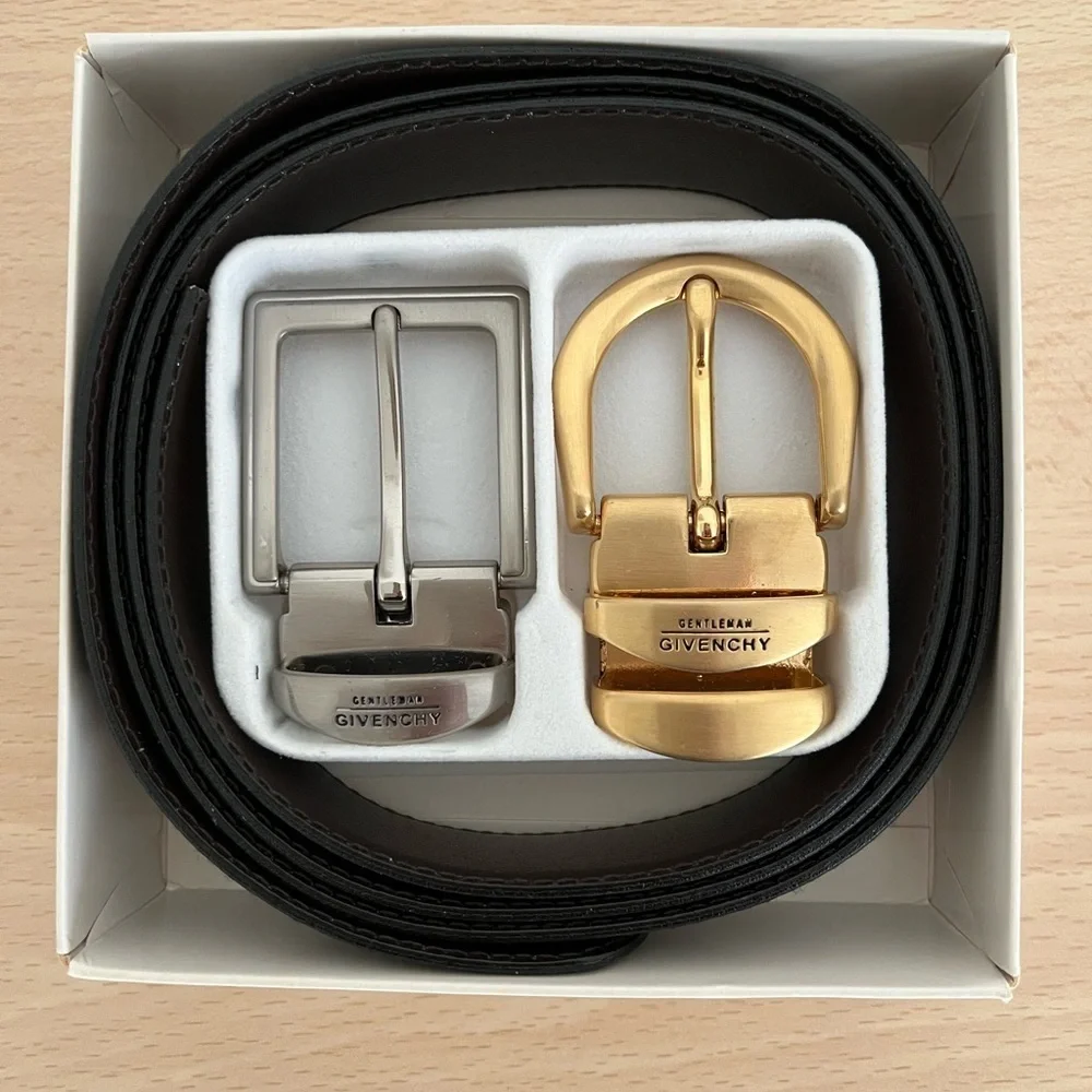 Givenchy Men’s Black Leather Belt Gift Set Two Buckles Gentleman Collection NIB